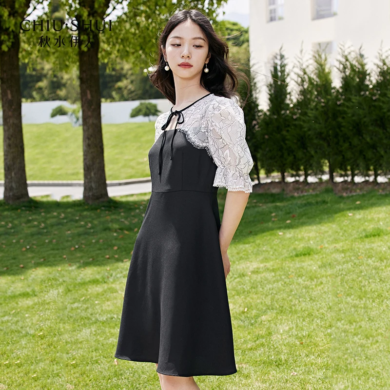 【直播】秋水伊人独特黑色显白连衣裙女装圆领裙子623203C020128