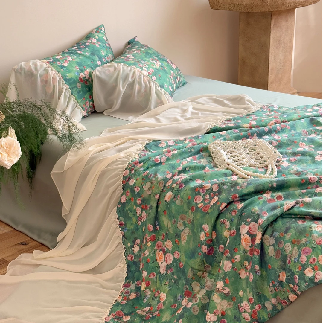 小冲冲【夏凉被款-雾野玫瑰】法式油画风天丝棉鱼尾裙摆夏被四件套