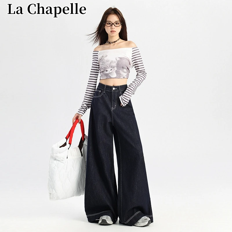 拉夏贝尔高腰阔腿牛仔裤女美式复古宽松显瘦垂感百搭直筒拖地长裤