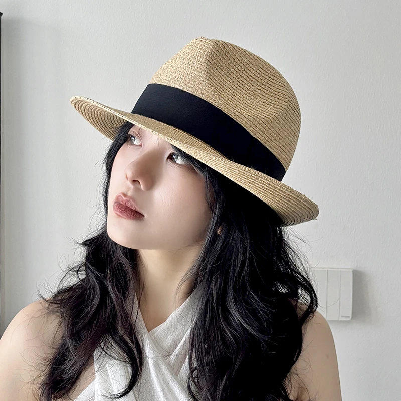 2025细拉菲草遮阳草帽女夏季爵士帽度假沙滩帽出游英伦帽子防晒帽