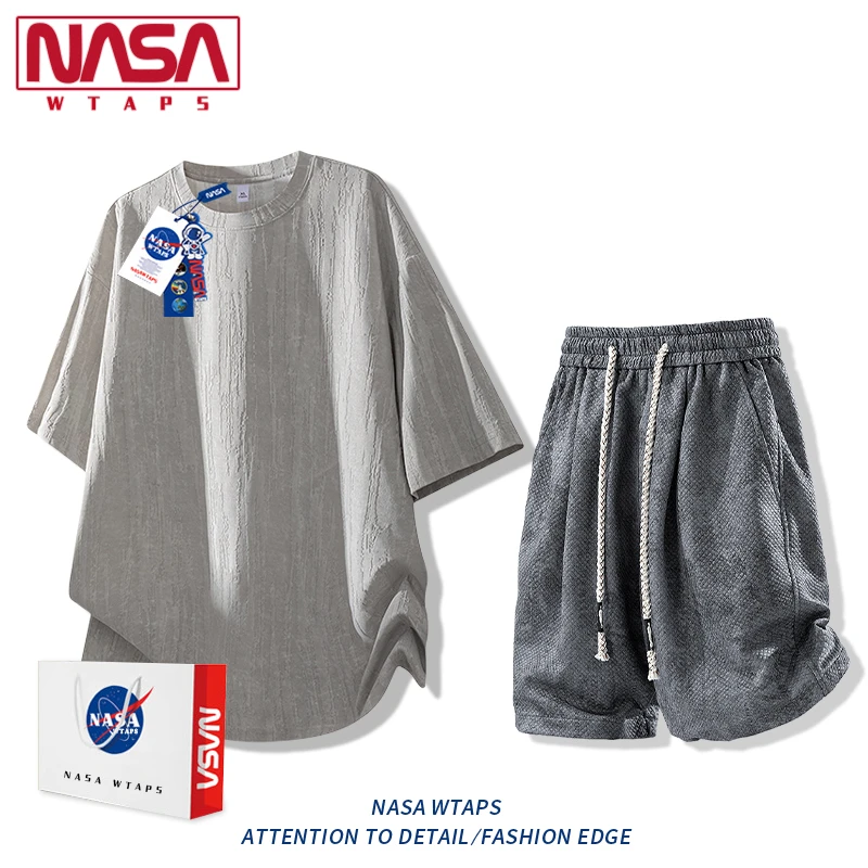 NASA WTAPS冰丝短袖短裤套装男士夏季简约潮流休闲T恤裤子两件套