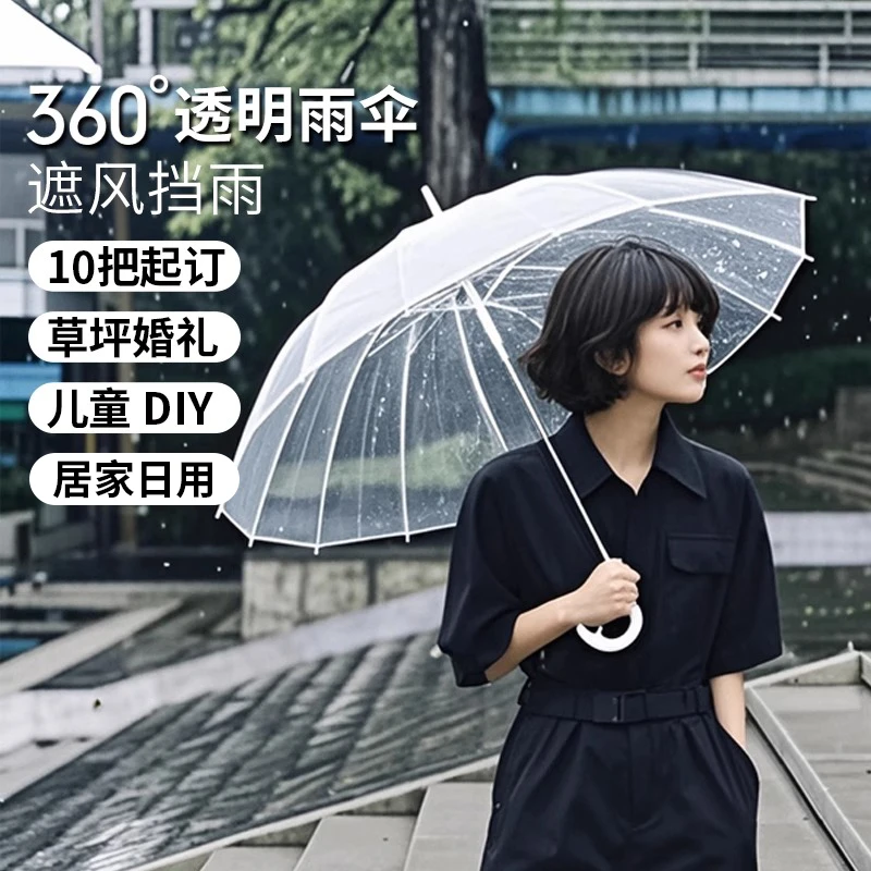 日系清新强抗风男女加大纯透明雨伞自动长柄双人用大伞情侣透明伞