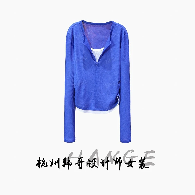 【韩哥女装】秋季《柔情》设计宝蓝色拼接假两件开领高弹上衣7997-B7
