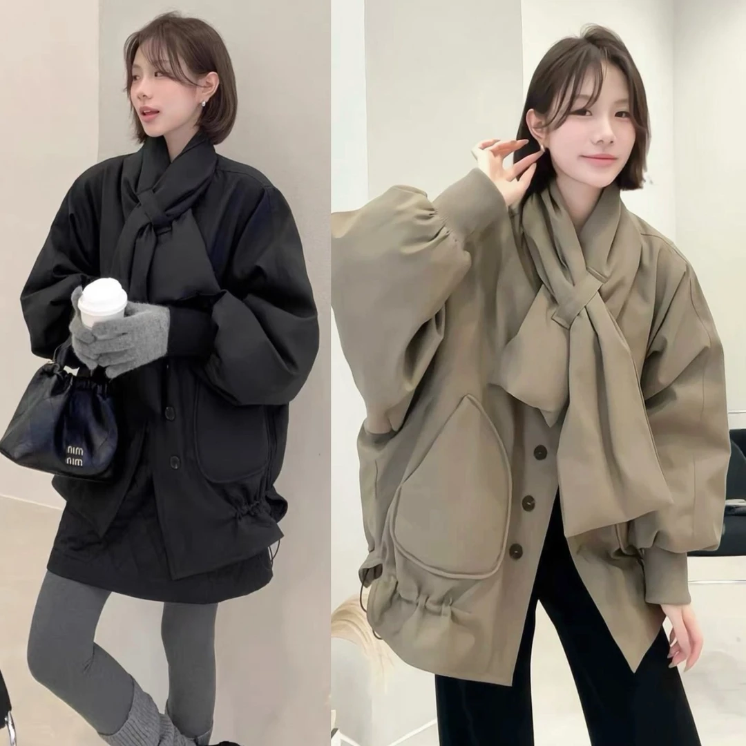 新款设计感围巾款派克服休闲收腰显瘦保暖棉服外套女送围巾A1603