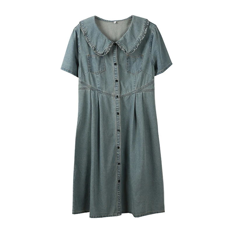 文艺风复古娃娃领牛仔连衣裙女夏季新款胖mm收腰A字裙210252