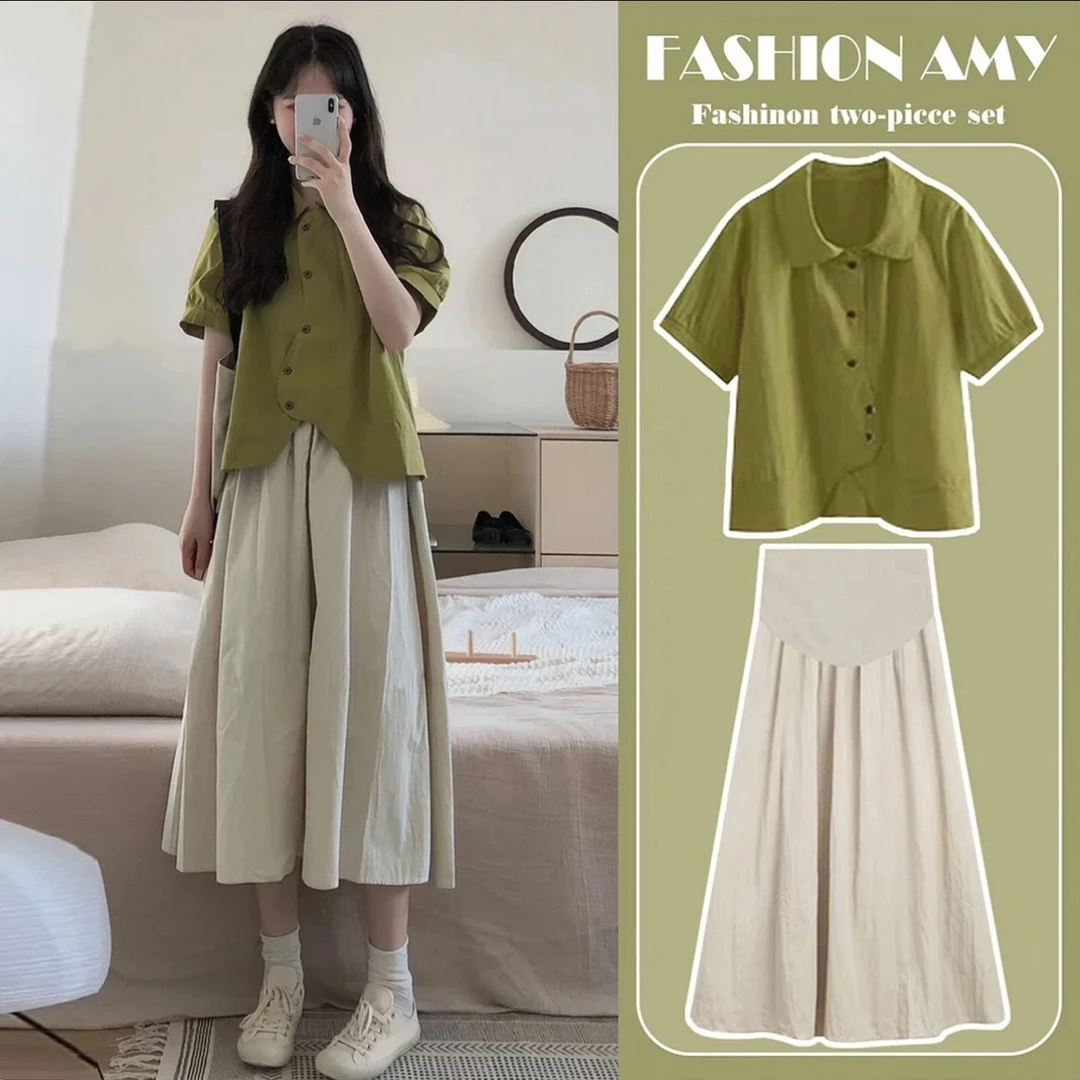 2025夏季减龄不规则复古短袖+托腹裙孕妇套装显瘦小个子网红洋气