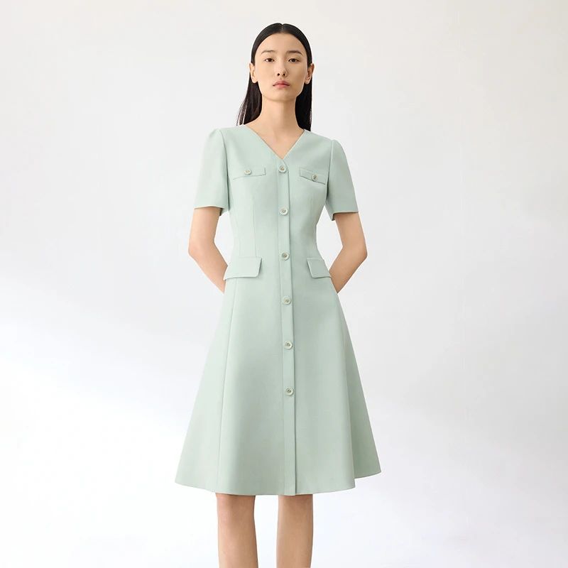 【商场同款】LANCY夏季新款法式小香风连衣裙高级V领气质短袖长裙女