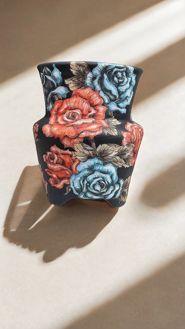 手捏红陶花卉植物直筒万象可乐杯花盆