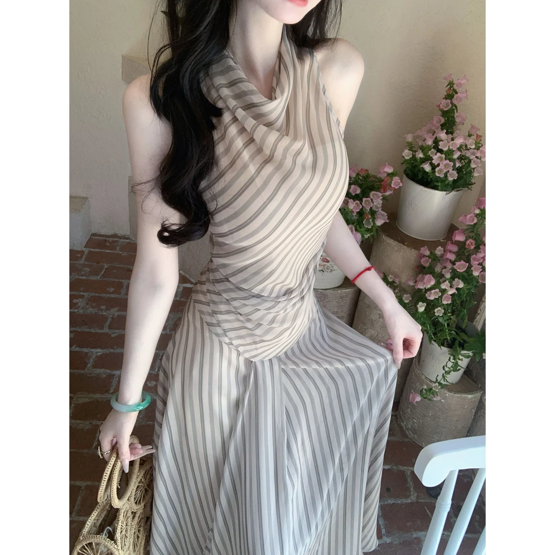 【雅乔定制】高-智翩翩雪纺印花条纹长裙两件套连衣裙DYYK-25042344