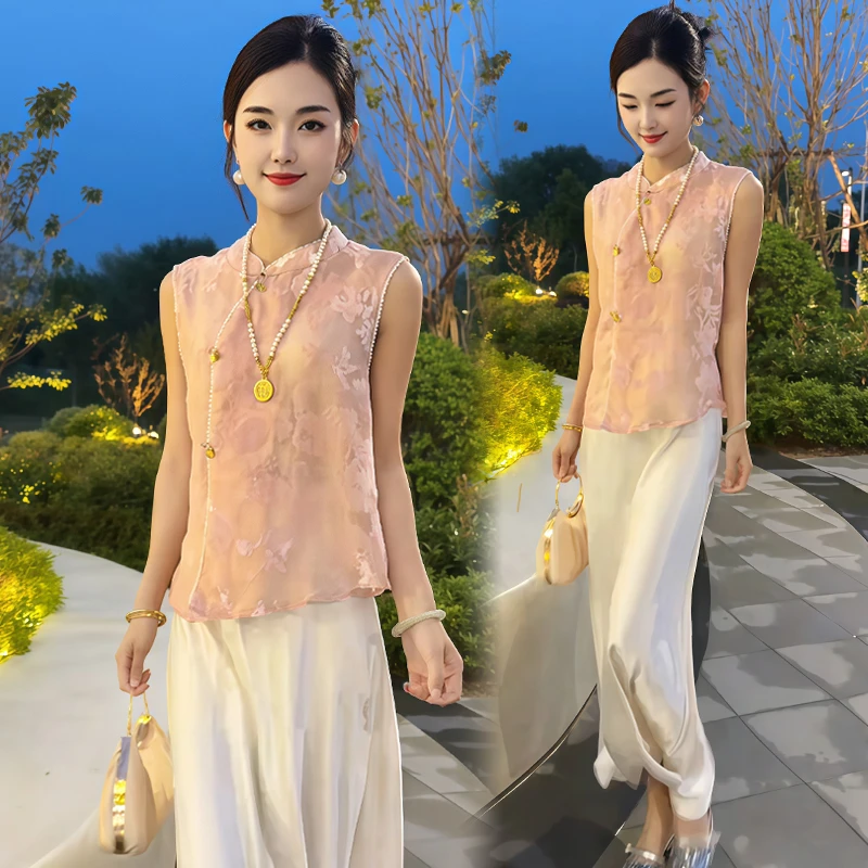 休闲复古盘扣无袖套装女2025年夏季新款时髦轻奢上衣半身裙两件套