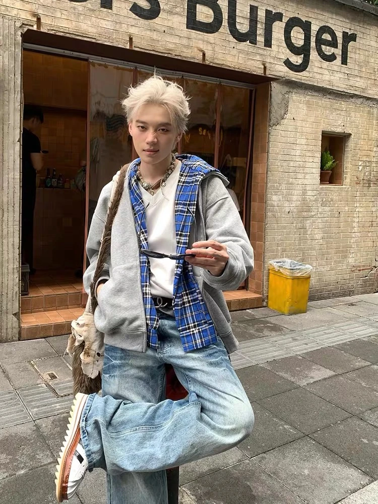 反季浮力！假两件可拆卸格子连帽cleanfit卫衣男女同款