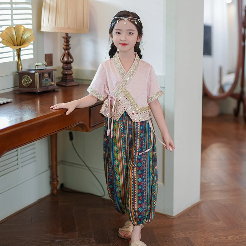清仓53467女童汉服套装古装表演服傣族服饰亲子装超仙民族服装
