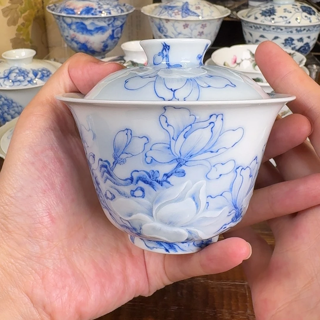 青樵轩雕刻玉兰花盖碗