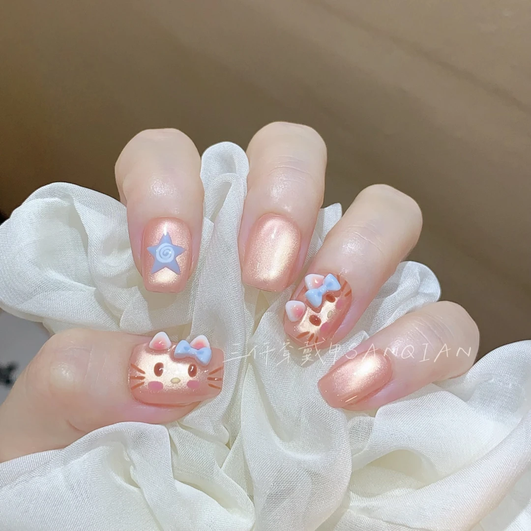 【小迷糊】三仟手工穿戴甲 夏日减龄可爱小猫 水光玻璃珠猫眼美甲