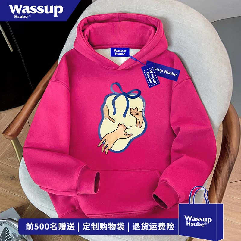 WASSUP HSUBE原创趣味猫咪印花连帽卫衣男女秋冬百搭火龙果色上衣