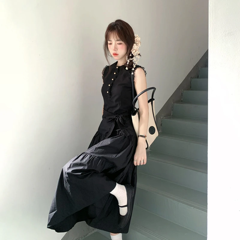 2025赫本风黑色无袖背心连衣裙子女夏季小个子气质收腰长裙1569
