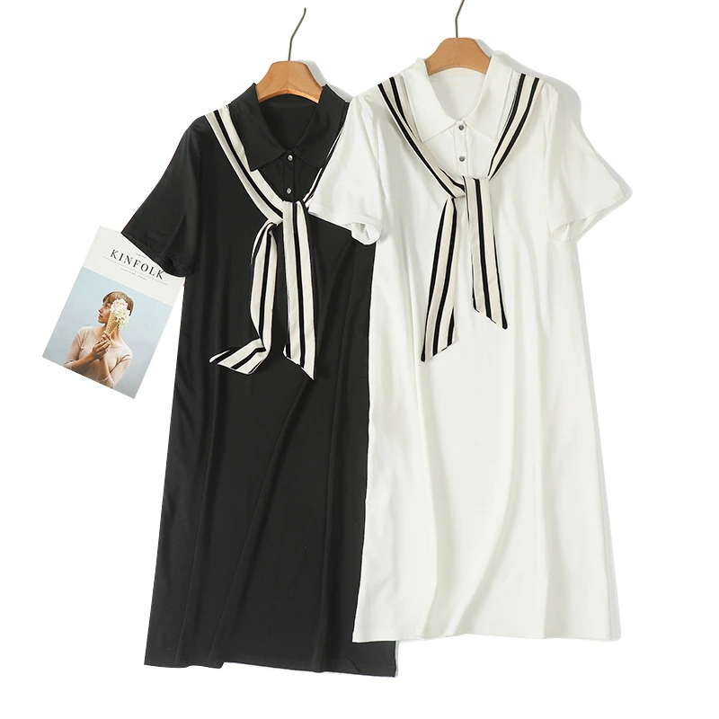 卡洛町大码女装100-210斤夏季新款气质时尚百搭海军领连衣裙8701