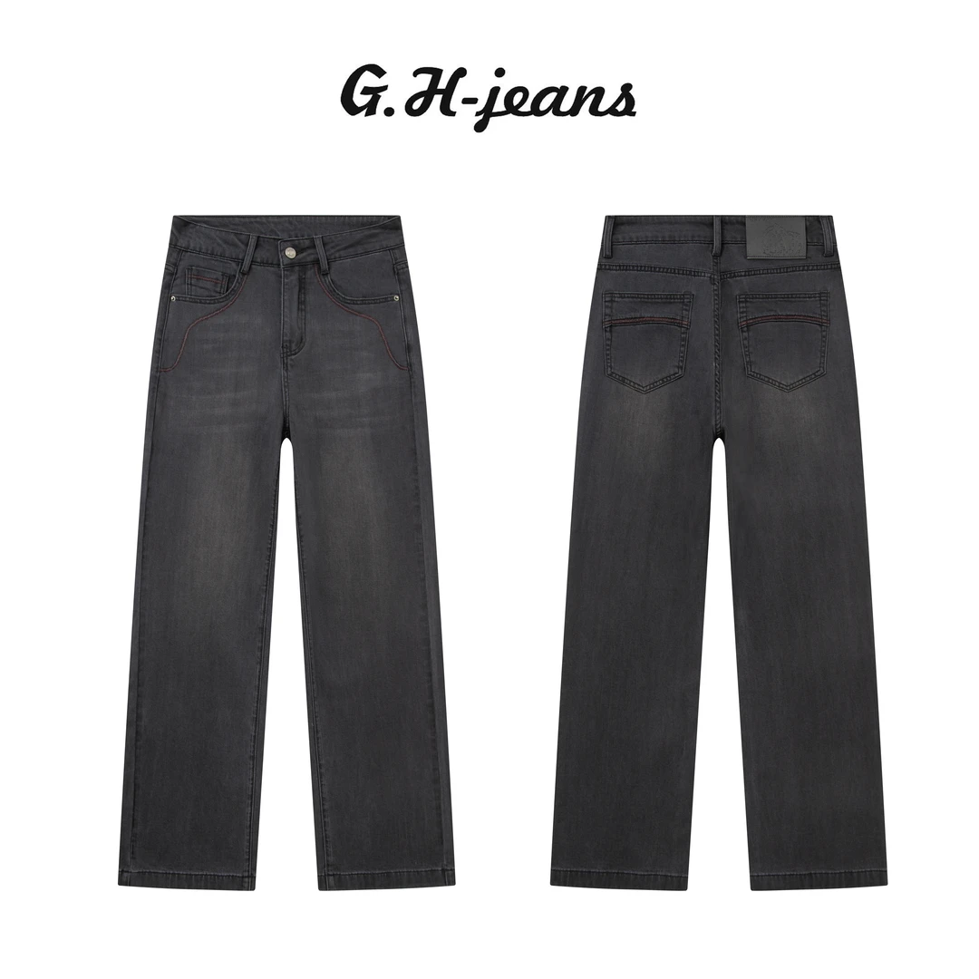 【G.H】夏季新款安可拉红线设计薄款轻奢黑灰牛仔裤女款小个子