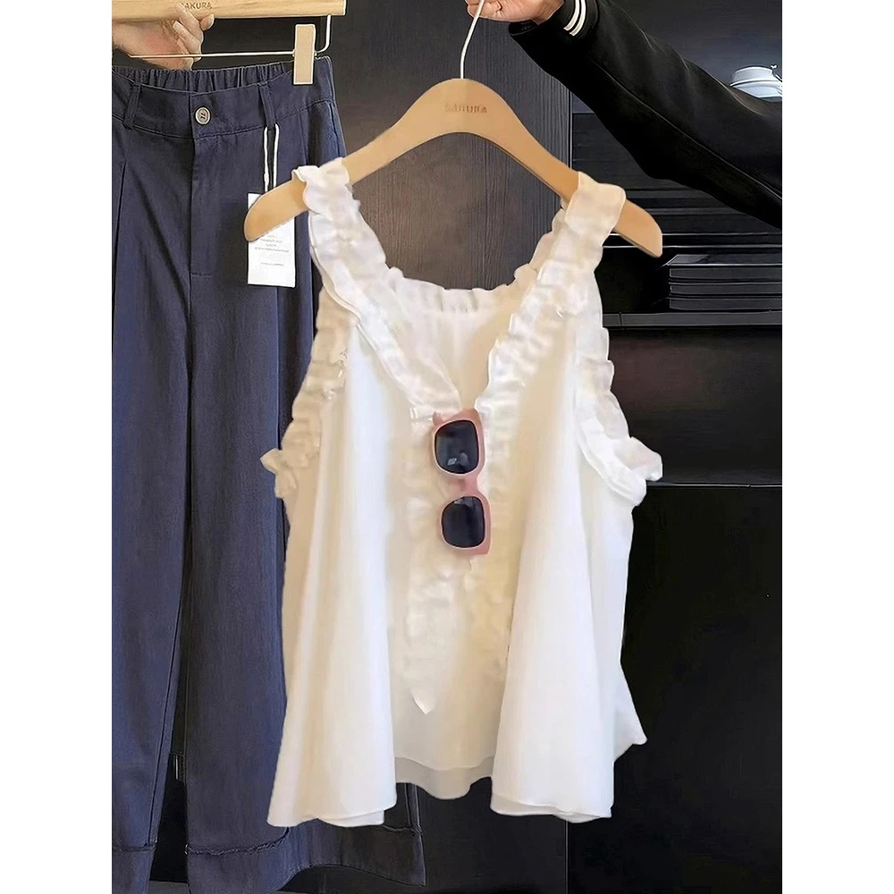 【依云幻想】法式甜美木耳边无袖吊带背心女夏设计感夏天设计感上衣