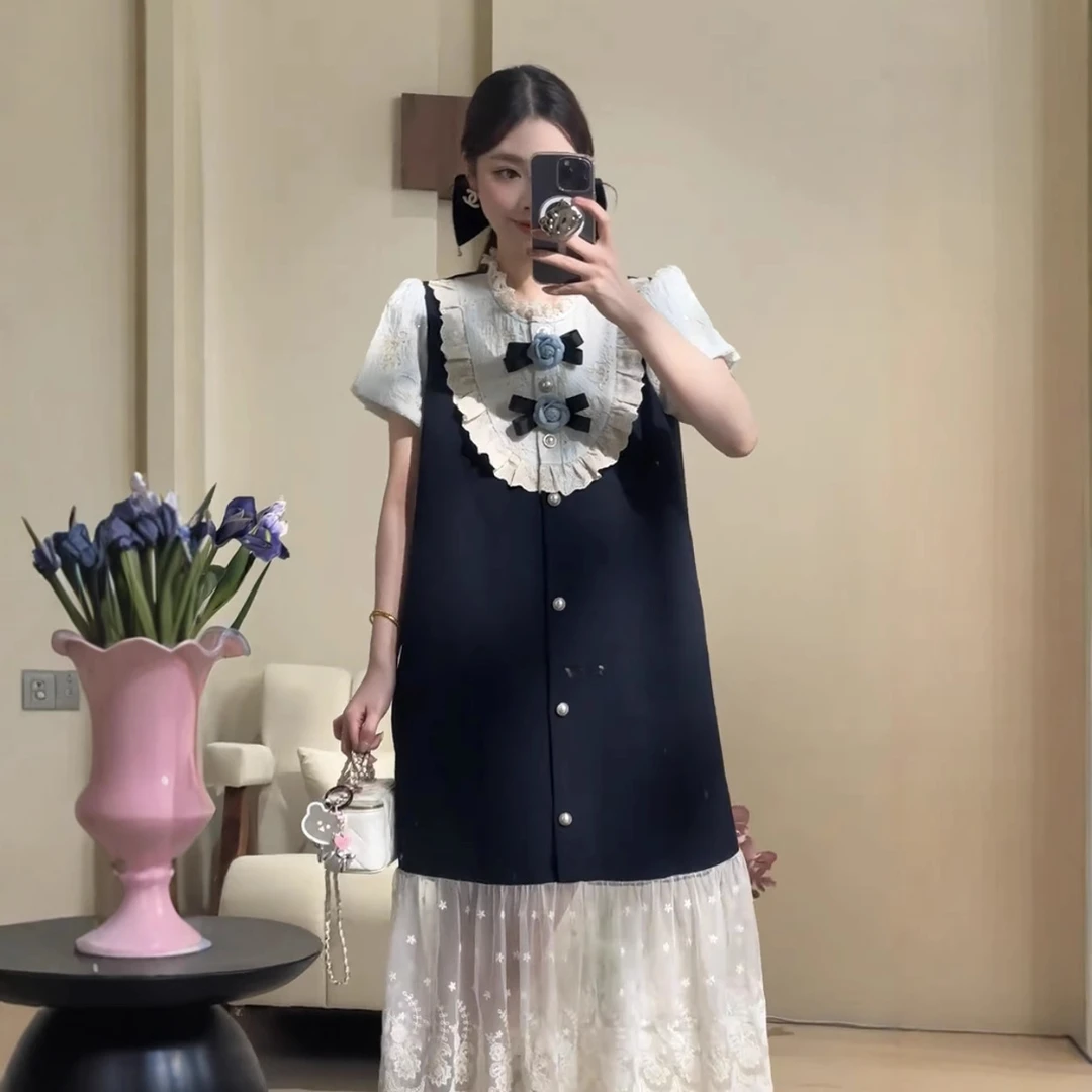 网纱拼接连衣裙女设计感大码宽松小香风花朵夏季潮