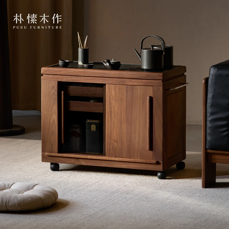 朴愫木作浮生茶水柜 黑胡桃木实木茶桌侧边可移动边几客厅边柜
