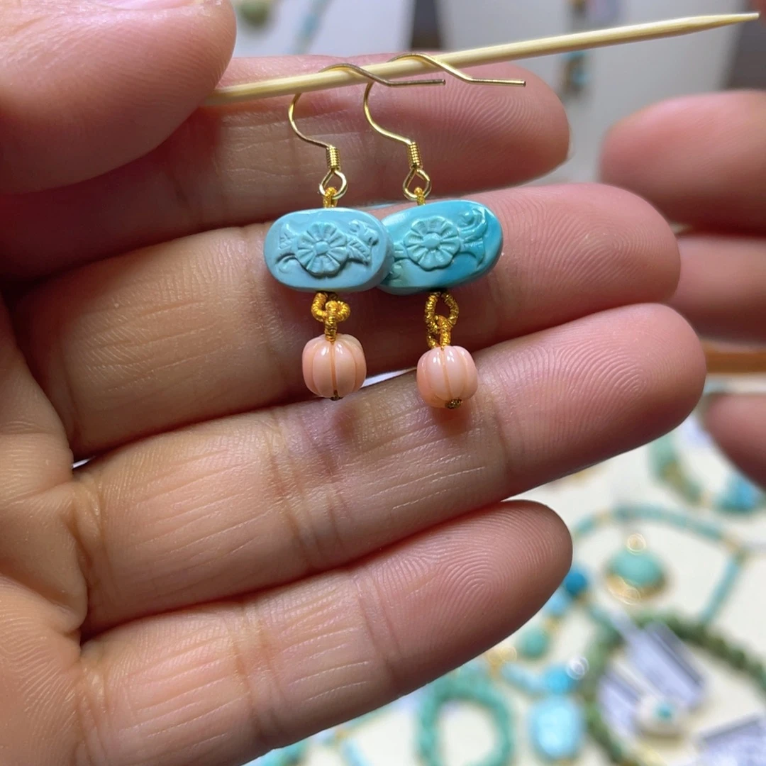 绿松石银S925镀金镶嵌耳坠