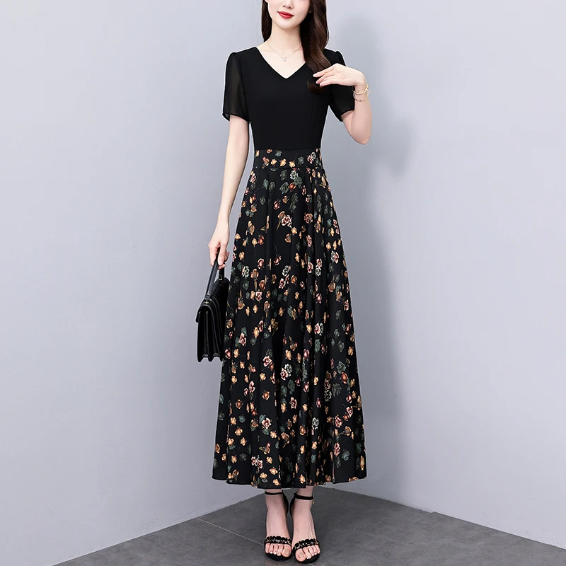 有口袋印花真丝拼接连衣裙2025新款夏季长款修身大码显瘦气质长裙