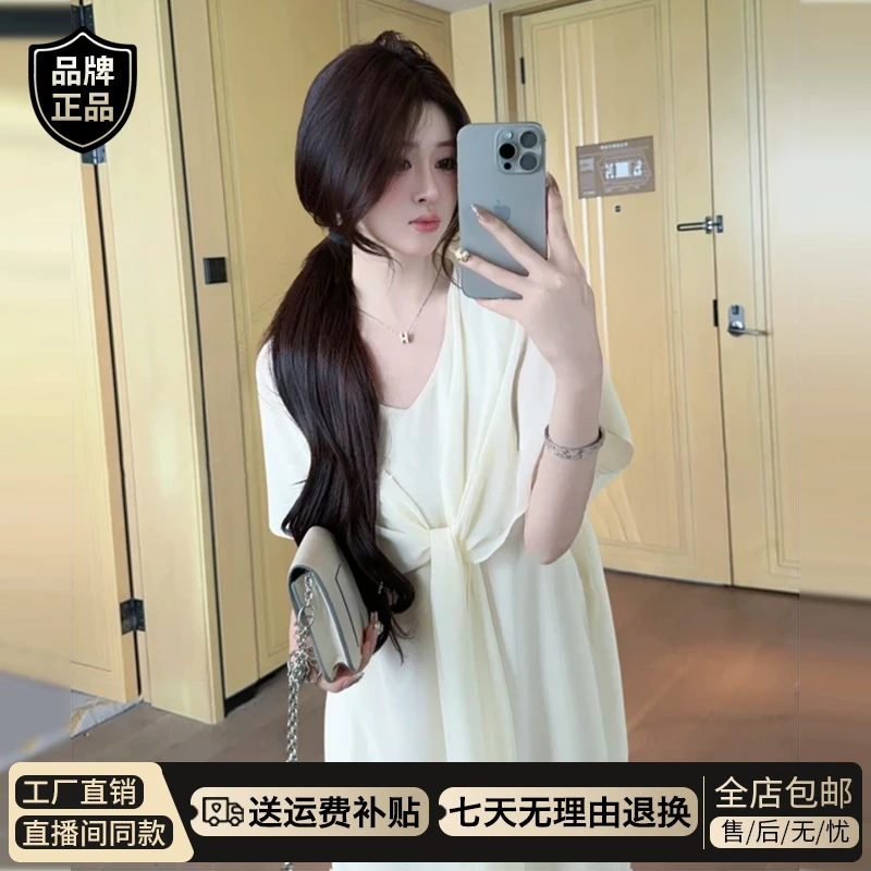 v领宽松白色薄纱连衣裙子女夏2026新款今年流行法式海边度假长裙