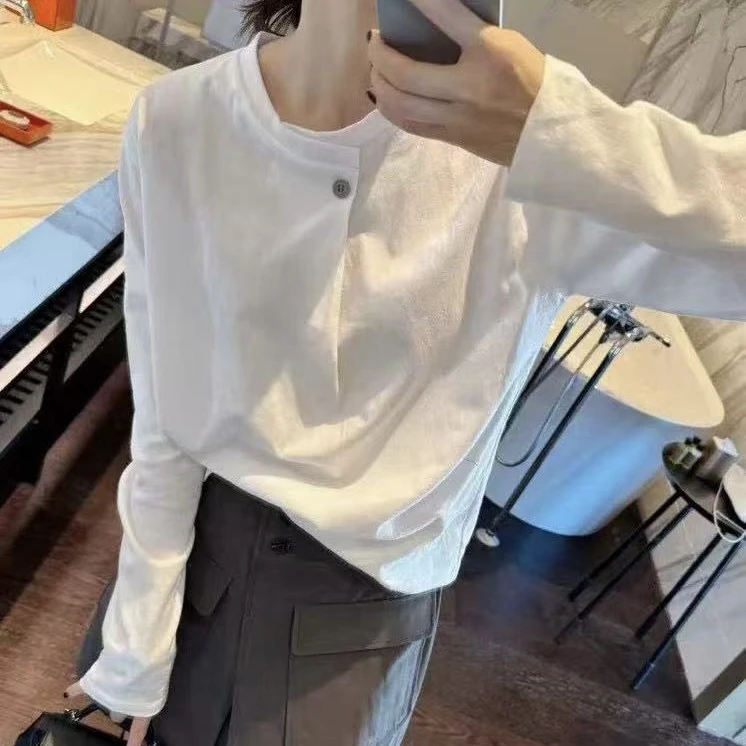 春款简约一粒扣长袖宽松百搭白T