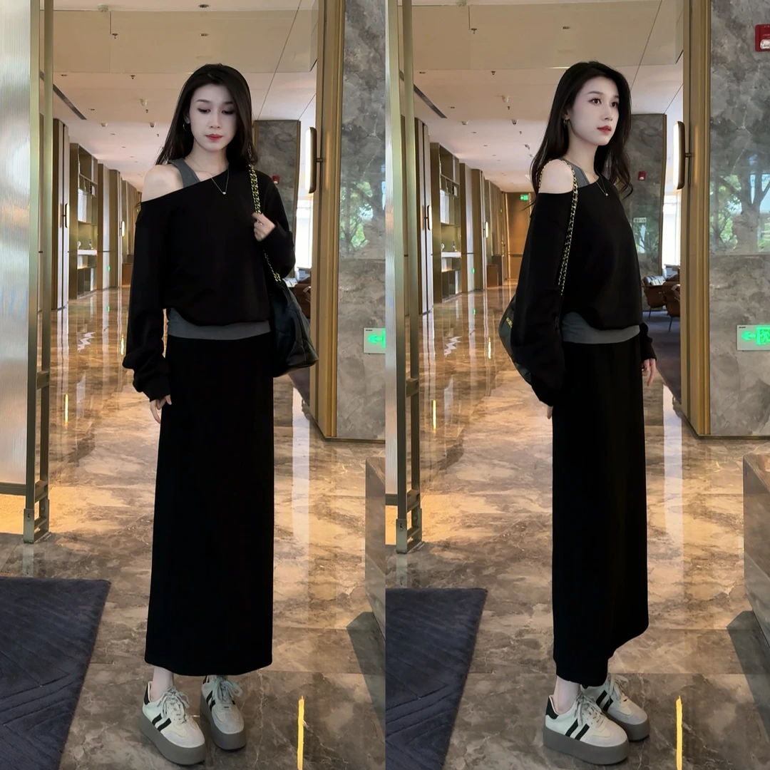 秋季新款假两件漏肩斜肩卫衣+半裙两件套套装