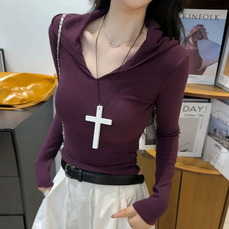 纯欲韩版ins风连帽长袖t恤女2025春秋新款修身显瘦甜辣妹打底上衣