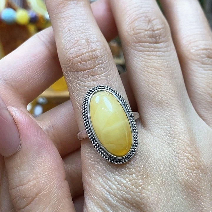 琥珀戒指银S925镶嵌戒指