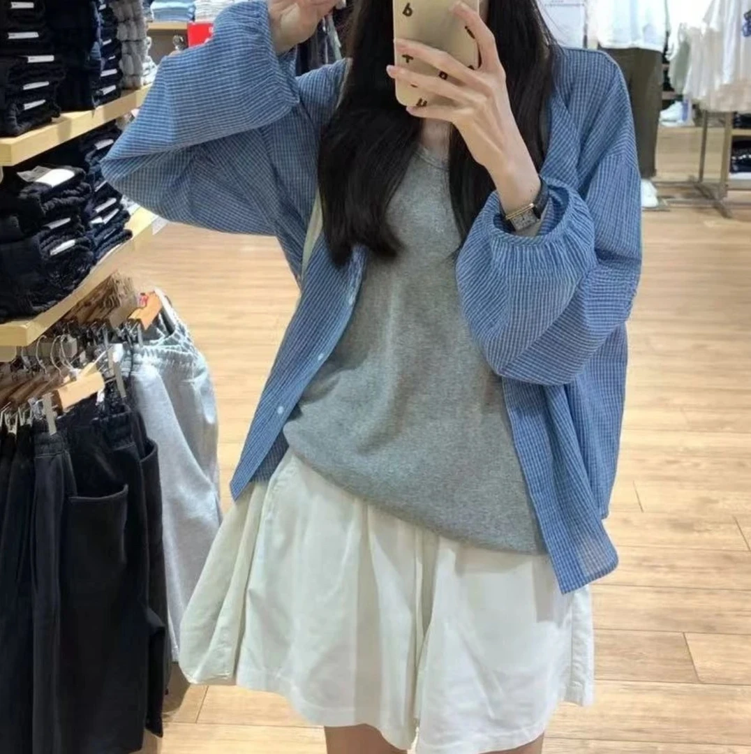 韩系蓝色格子防晒衬衫宽松衬衣2025年春夏新款高级感上衣女装小衫