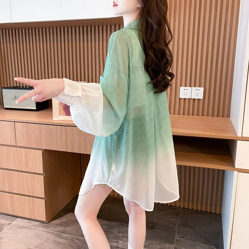 设计感渐变色扎染防晒衬衫女夏季韩版宽松慵懒风显瘦遮肉防晒衬衣