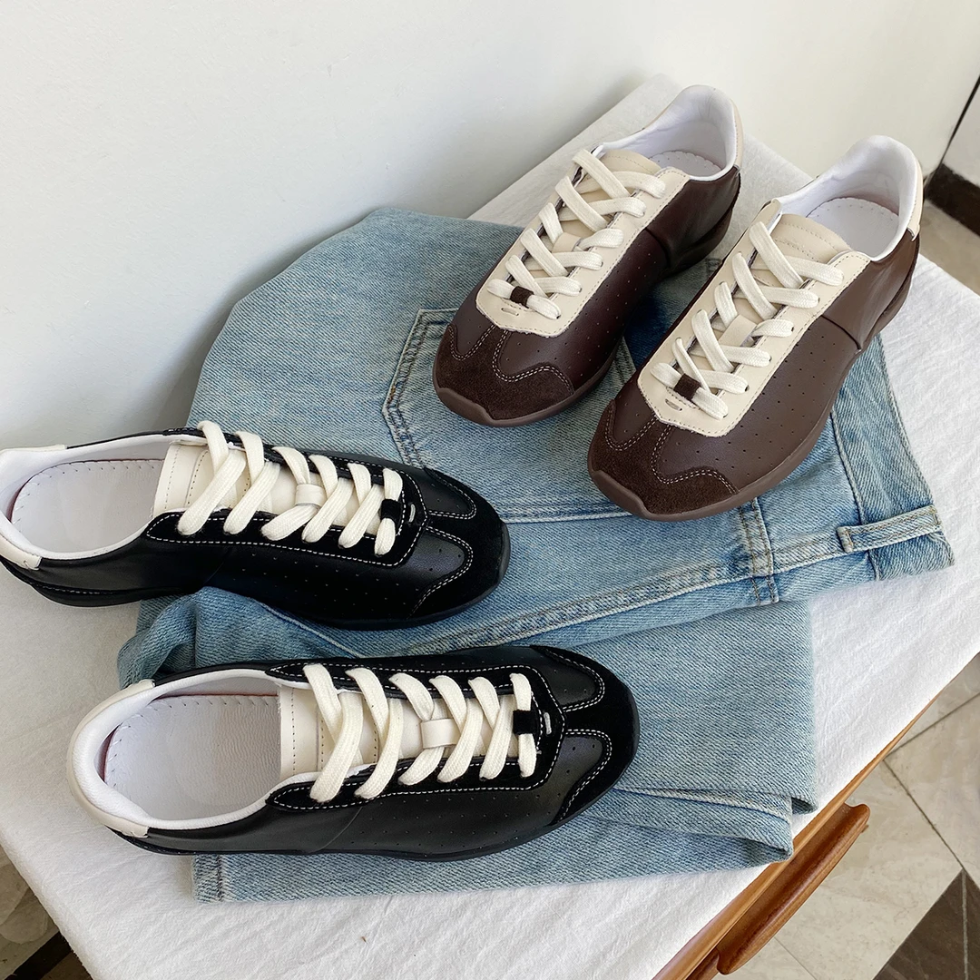 牛皮版 软底舒适复古芭蕾舞德训鞋女平底羊皮透气系带休闲运动鞋