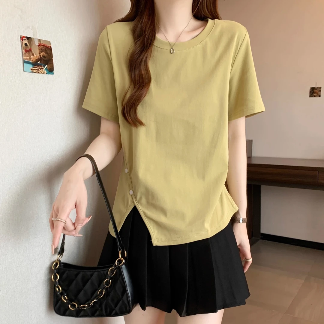 大码不规则开叉正肩短袖t恤女夏胖mm显瘦遮肚设计感小众短款上衣