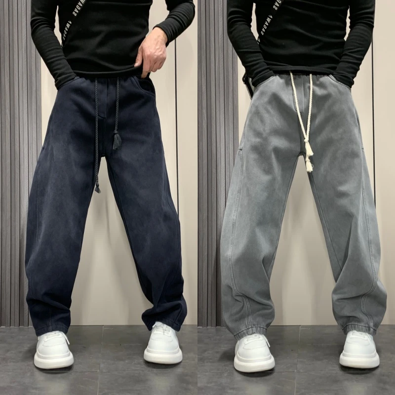 冬季新款男士加绒加厚牛仔裤潮流美式复古直筒裤宽松百搭痞帅长裤