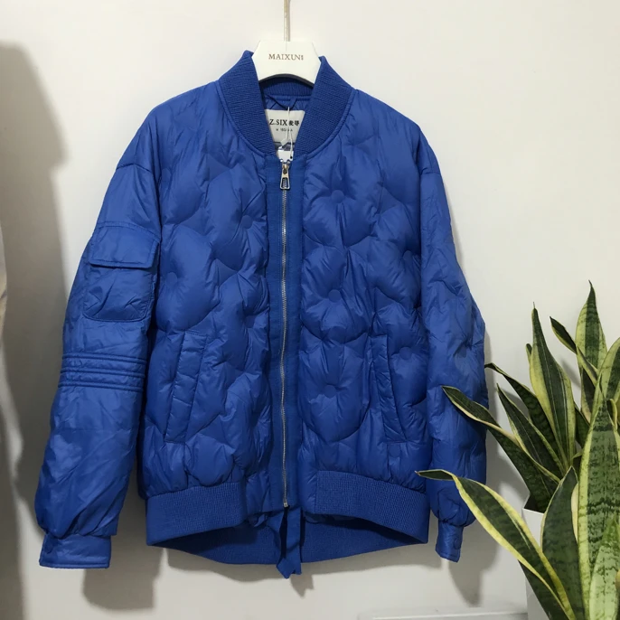 麦寻OYRS4017 厚款拉链防水女棒球YU服领蓝色冬季克莱因蓝短款