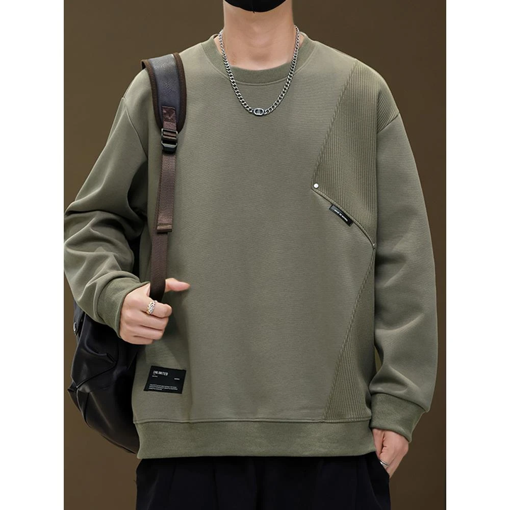 ICCLEK拼接卫衣男2025新款春秋季宽松圆领长袖T恤无帽打底上衣潮