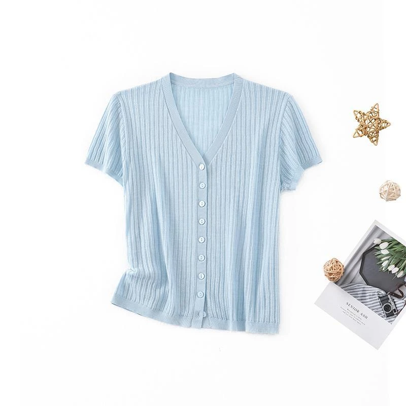天丝+桑蚕丝夏季V领薄款短袖开衫女2025新款百搭气质显瘦休闲上衣