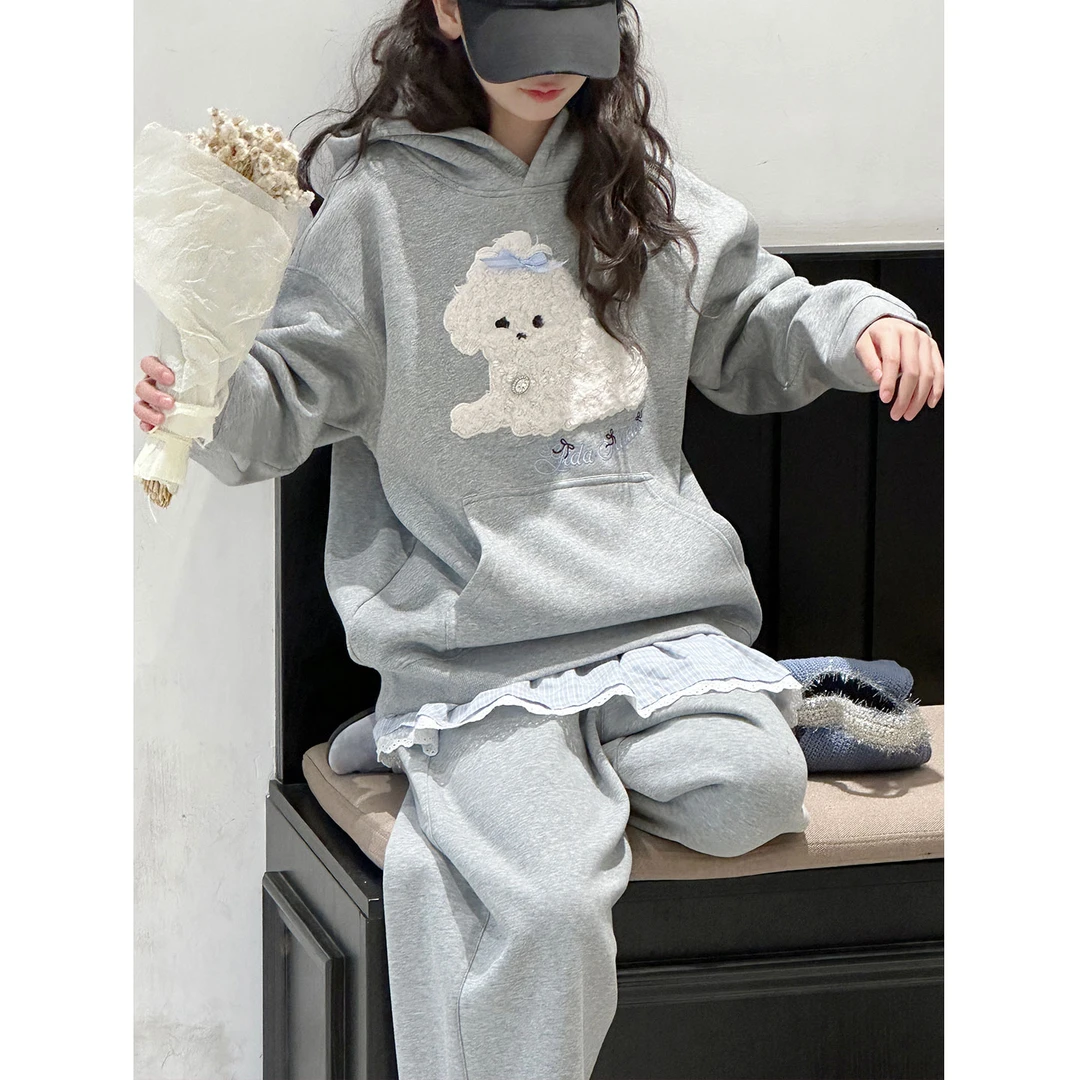 K30473小狗格子屁帘女童加绒套装秋冬装儿童加厚运动卫衣两件套潮