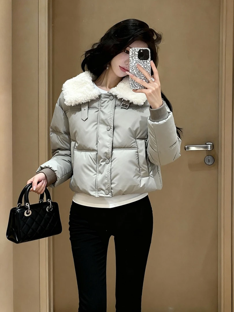 灰色短款拼接羊羔毛翻面包棉服女款2025新款冬超好看洋气小棉袄