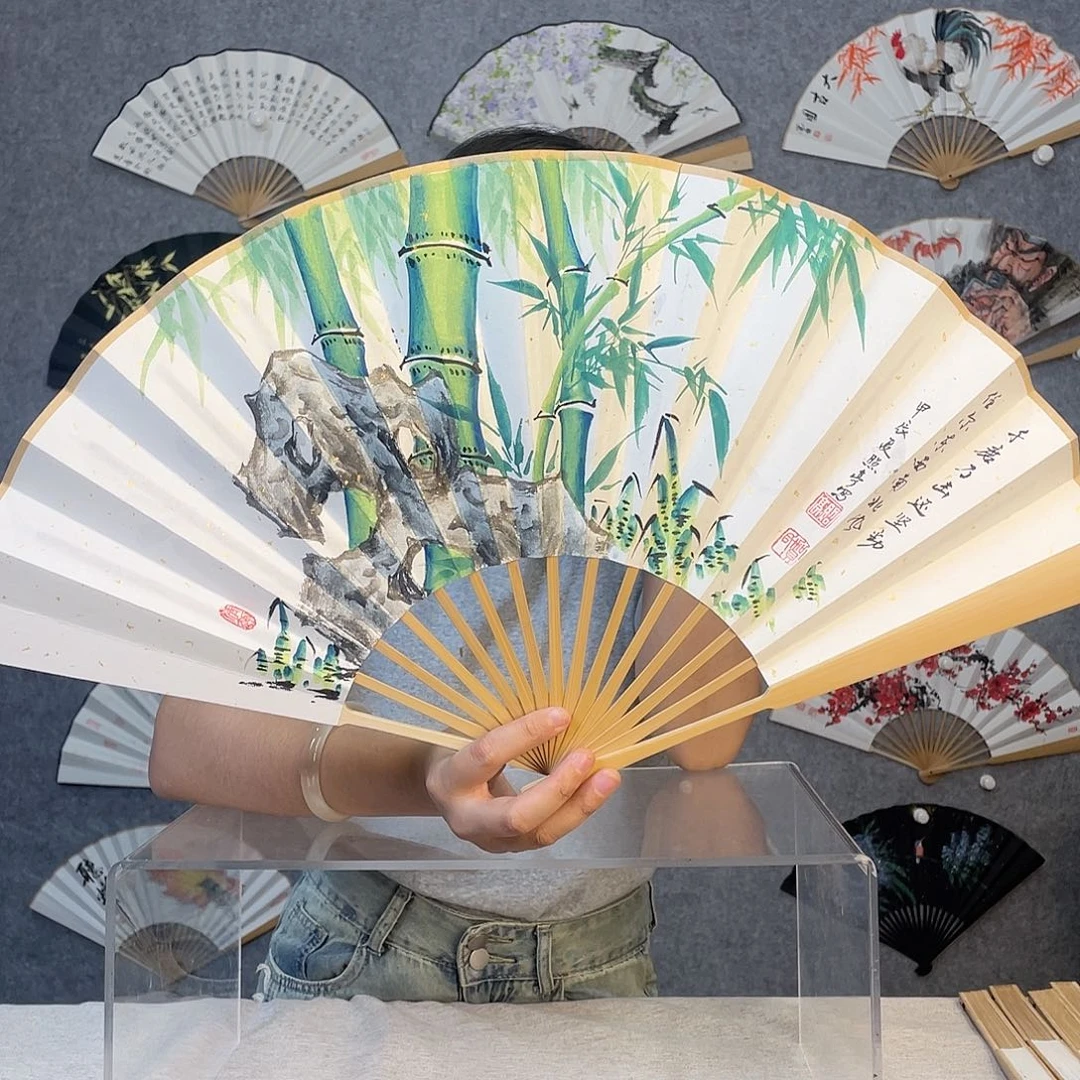 国画10寸水磨玉竹-纯手绘-文玩扇骨（默认粘好）