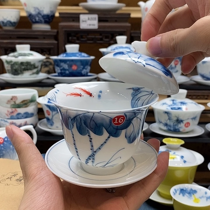 手绘内外绘荷花160cc三才釉下彩微瑕福利款