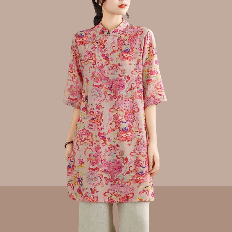 夏季时尚新中式国风好运锦鲤七分袖旗袍唐装立领盘扣宽松上衣衬衫