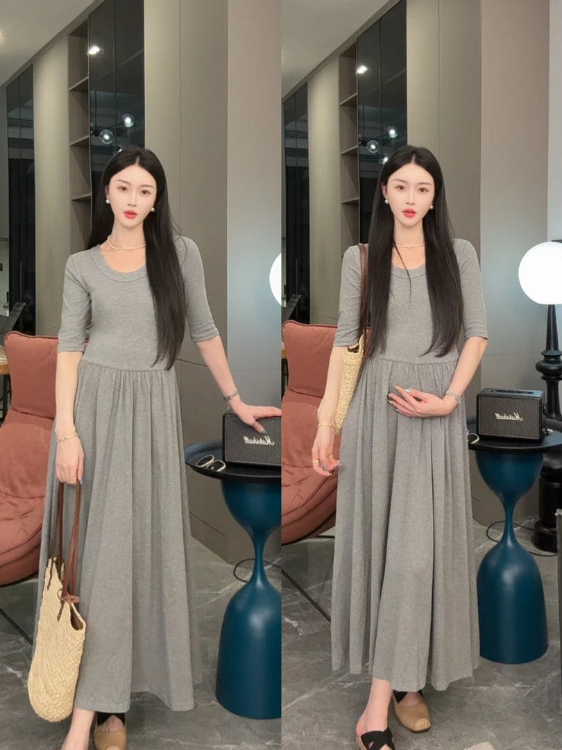 高级感孕妇连衣裙过膝长款夏天薄款洋气减龄法式气质辣妈弹力长裙