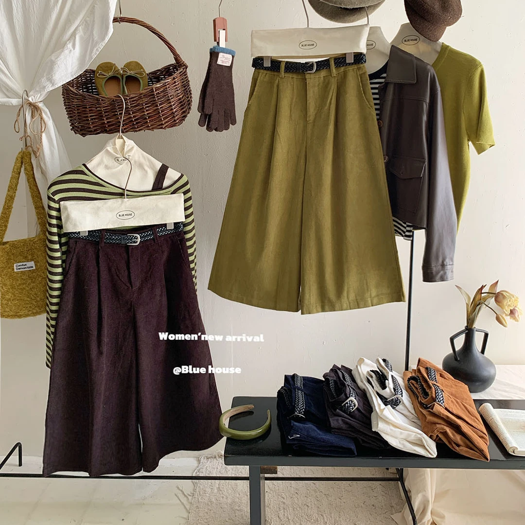 复古灯芯绒直筒高腰七八分阔腿裤女秋品质编织腰带气质宽松休闲裤