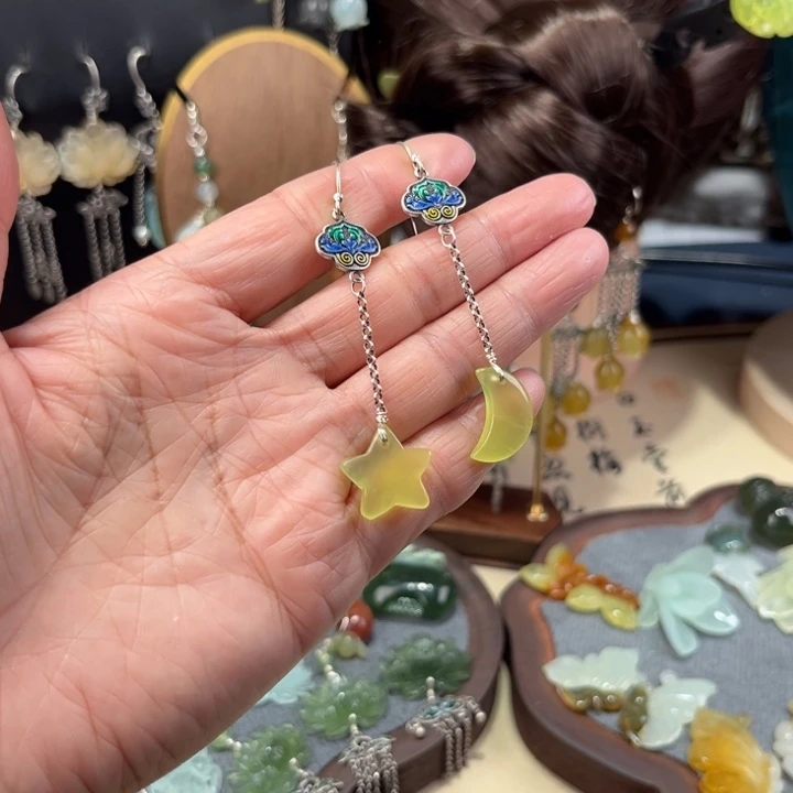 蛇纹石玉银S925镶嵌耳饰