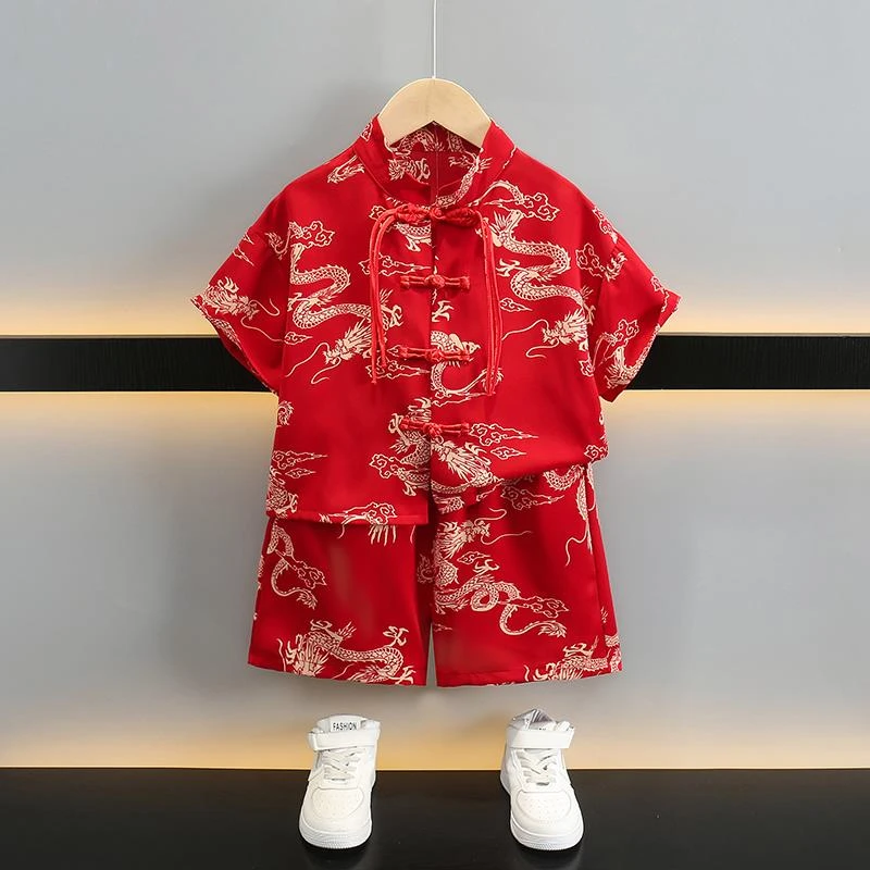 男童唐装中国风套装夏季新款儿童夏装短袖汉服男孩红色衣服演出服