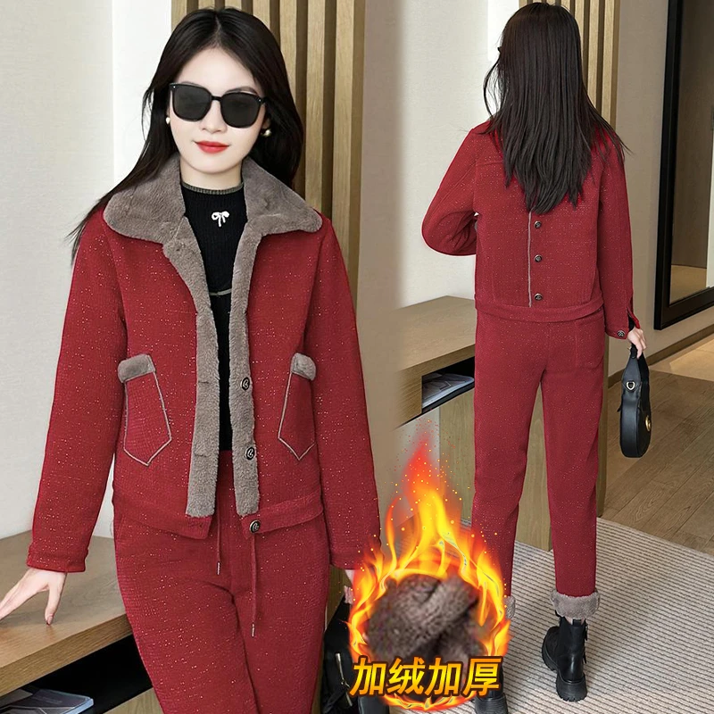 时尚洋气显瘦休闲加绒加厚套装女2025冬季新款气质外套裤子两件套